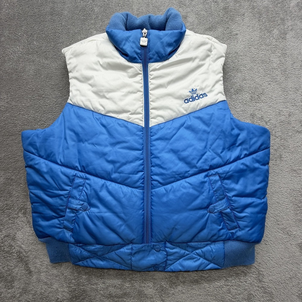 Adidas Originals Vest‎ Womens XL Blue White Puffer Quilted Full Zip Trefoil Logo